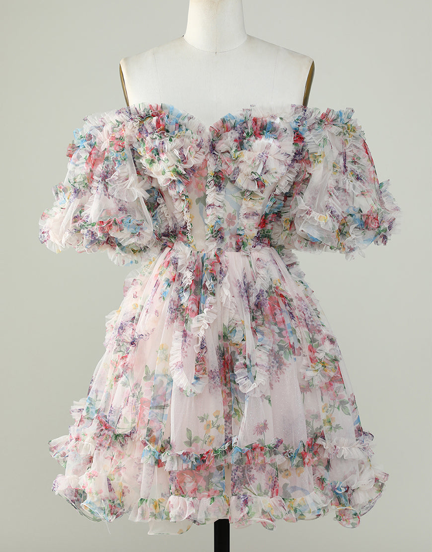 Cute A-Line Off The Shoulder Short Tulle Print Homecoming Dress