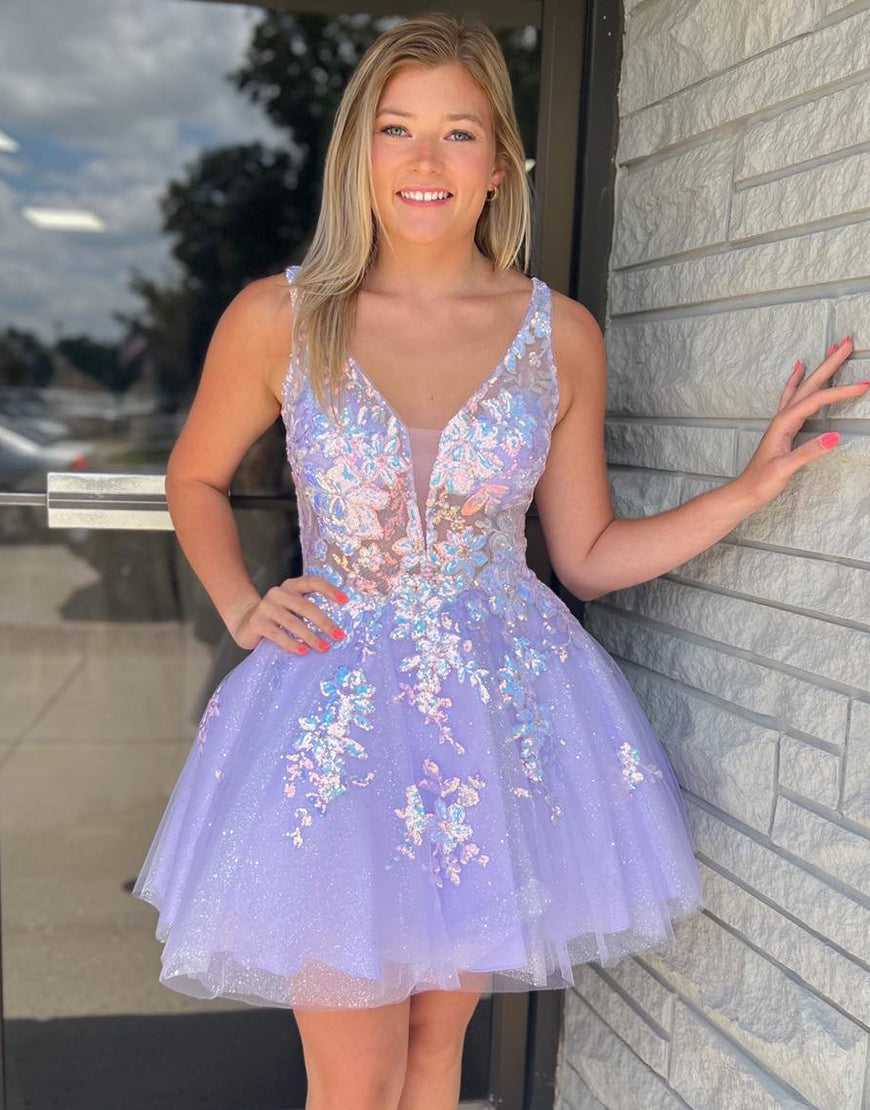 Lilac A-Line Short Mini Tulle Homecoming Dress With Appliques