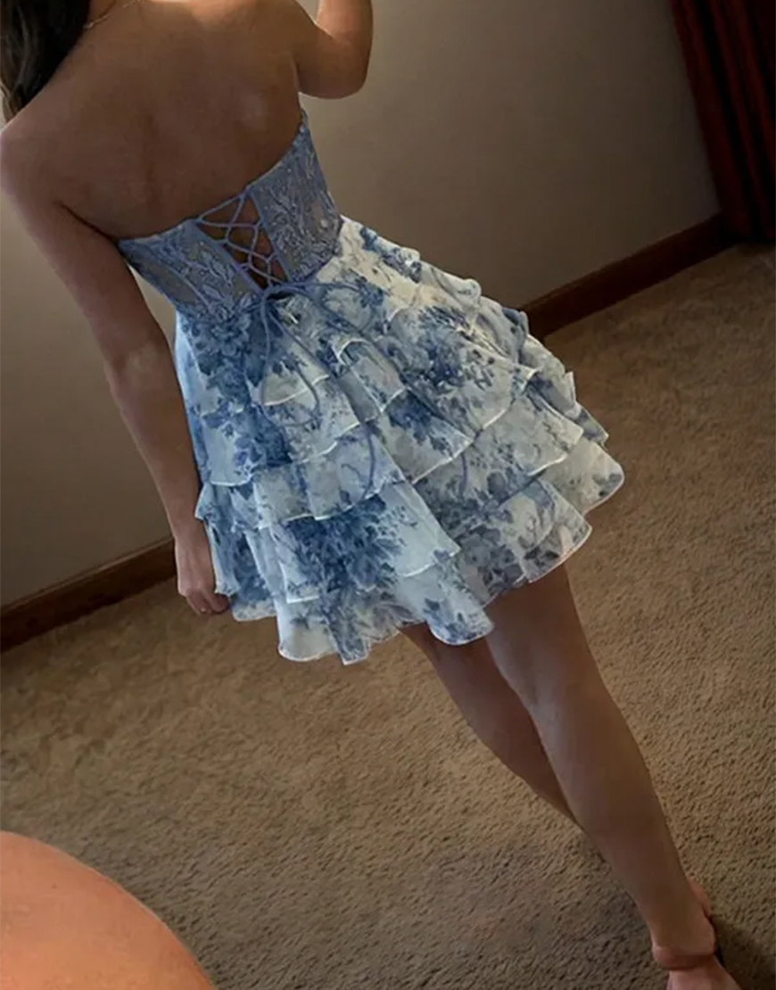 Blue Floral Ruffled A Line Short Homecoming Dress with Lace