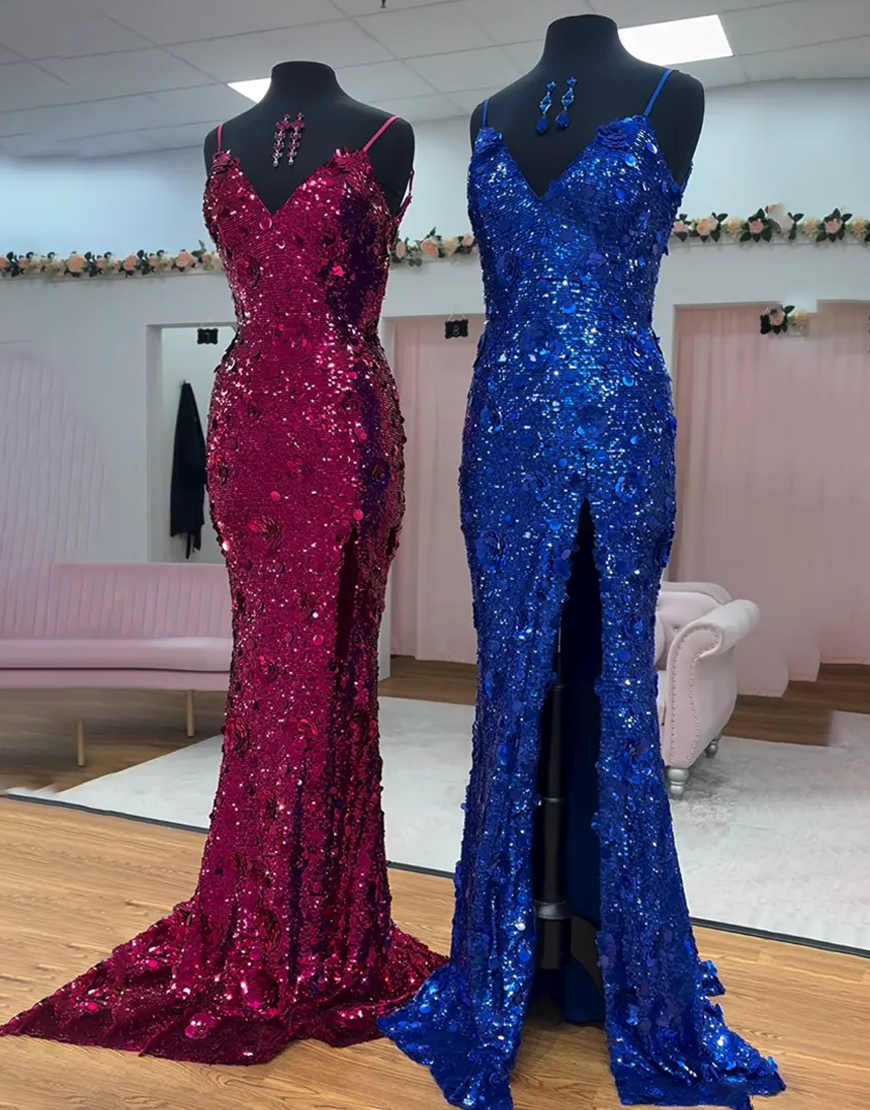Sparkly Fuchsia Mermaid Sequin V-Neck Long Prom Dress with Slit