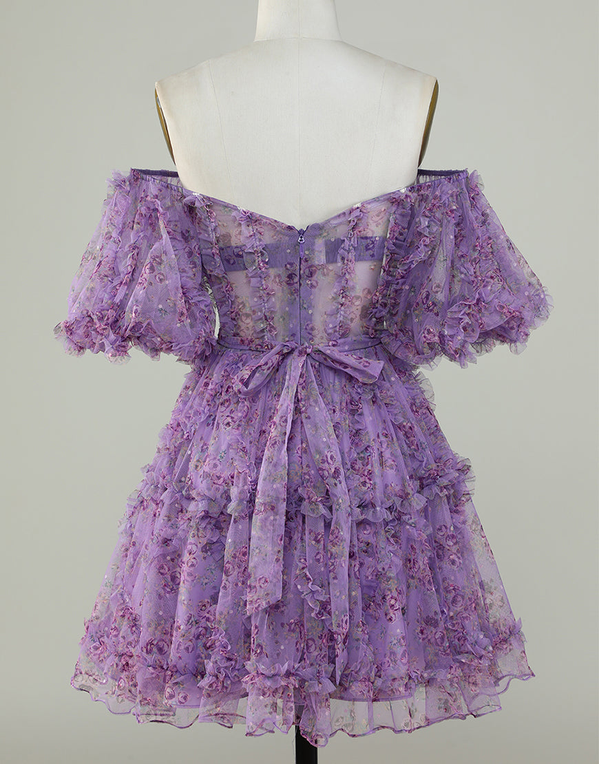 Pretty Fuchsia Puff Sleeves A-Line Short Party Dress