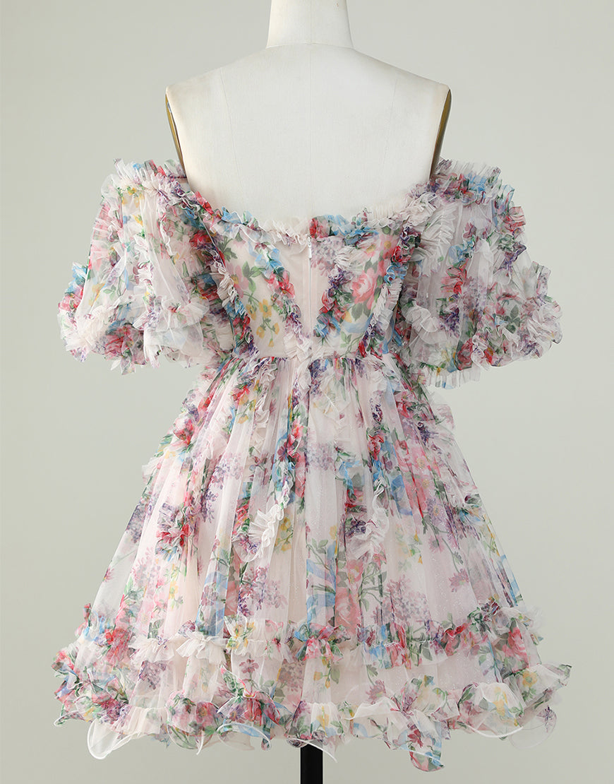 Pretty Fuchsia Puff Sleeves A-Line Short Party Dress