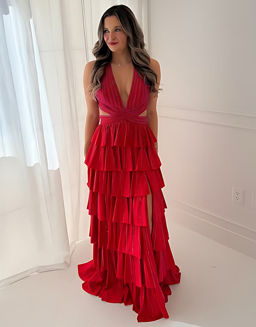 Sparkly Fuchsia A-Line Halter Ruffled Long Prom Dress with Beading