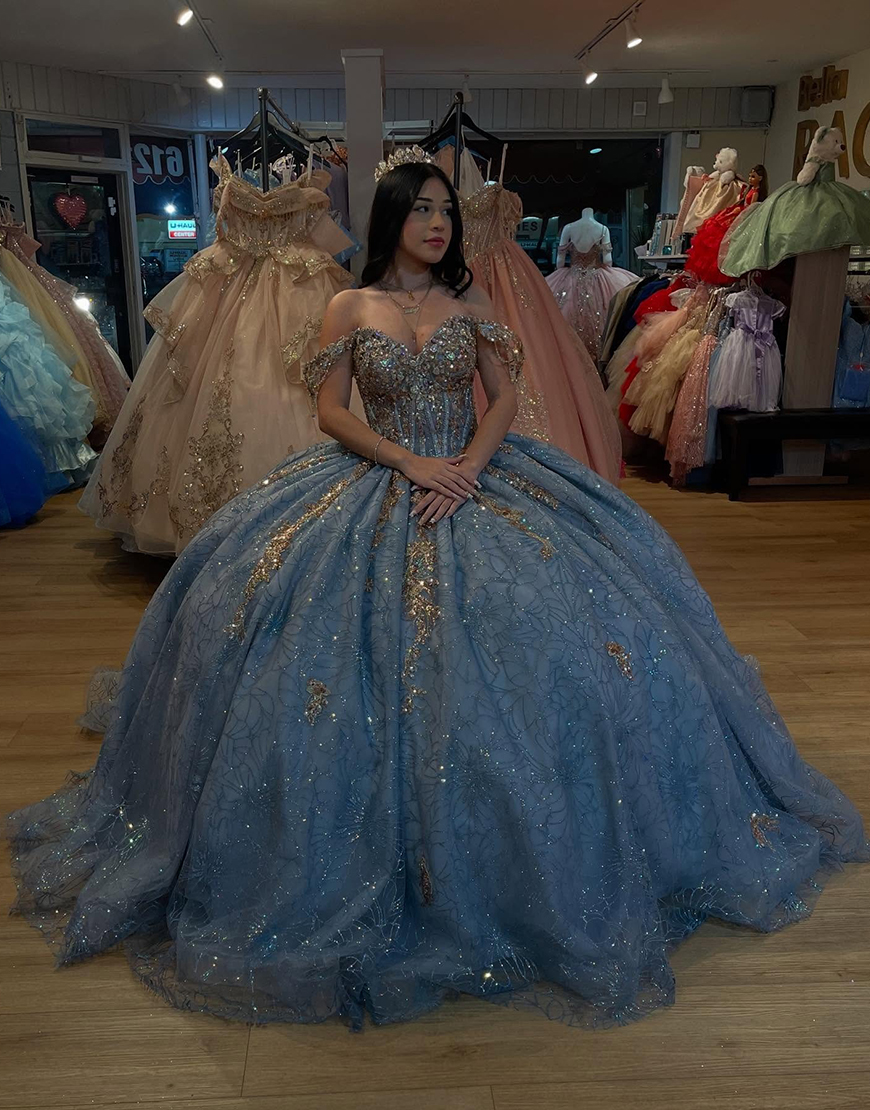 Sparkly Grey Purple Off The Shoulder Sequined Tulle Sweet 16 Dresses with Beading