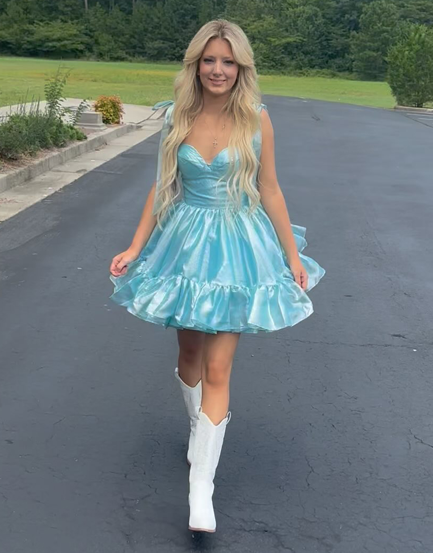 Metallic Kelly Green A-Line Ruffle Bow Tie Straps Homecoming Dress