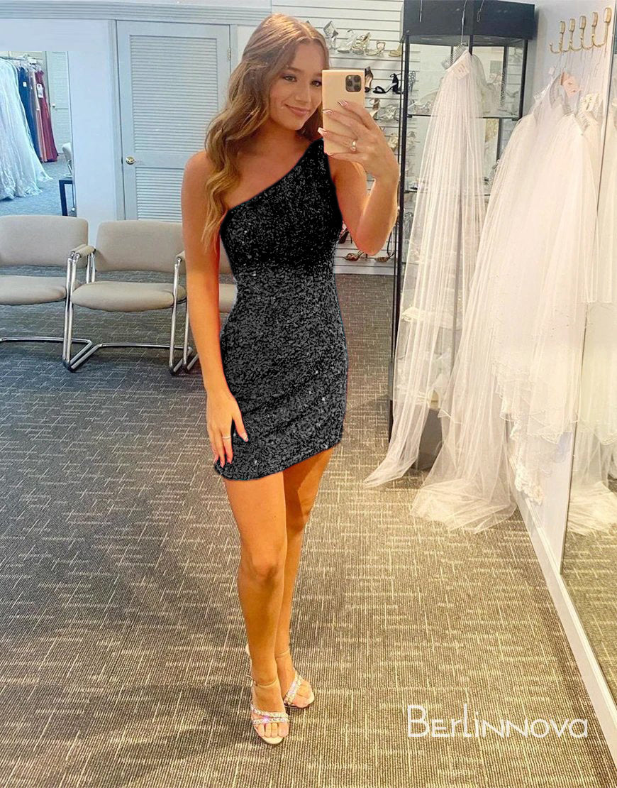 Glitter One-Shoulder Hot Pink Homecoming Dress With Sequins