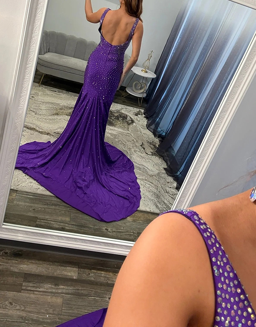 Sparkly Pool Green Mermaid Beaded SatinLong Prom Dress with Slit