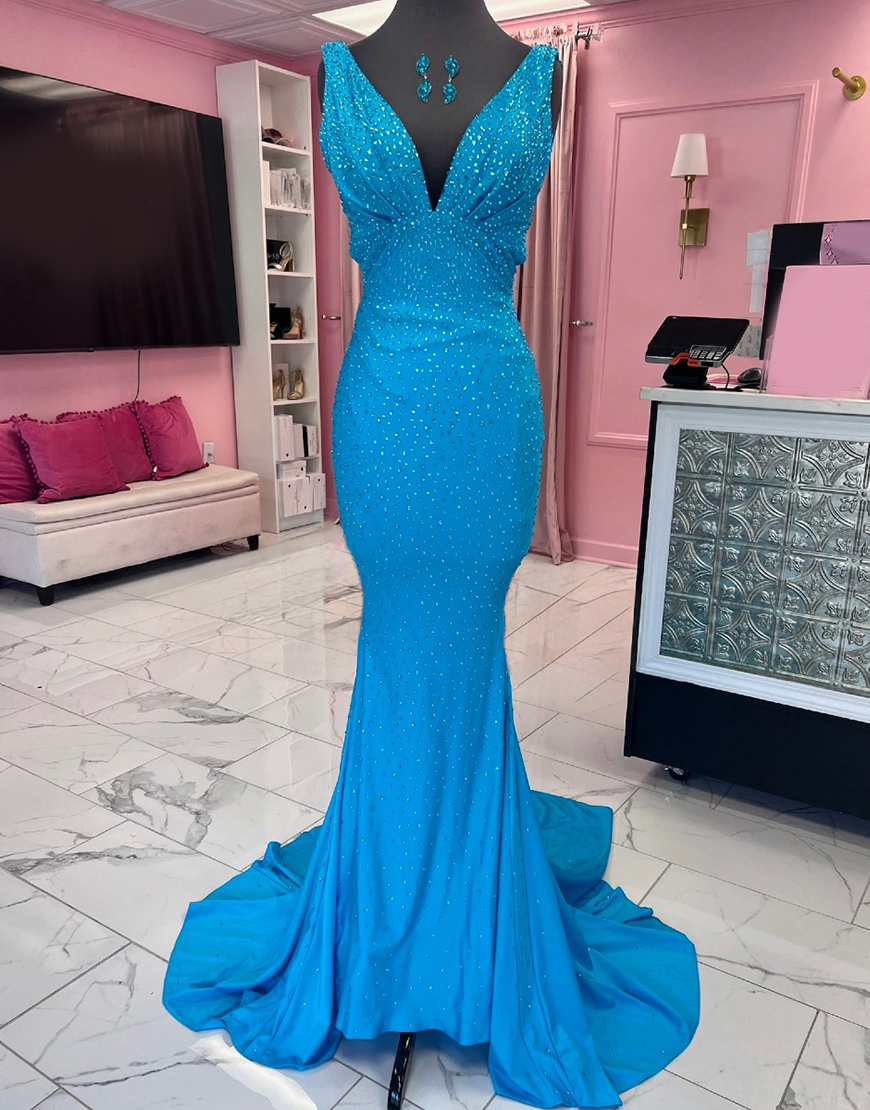 Gorgeous Mermaid Deep V-Neck Court Train Prom Party Dress
