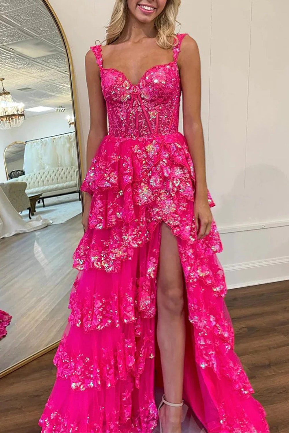 Gorgeous Lilac Off The Shoulder Ruffled Tiered Long Prom Dress With Split