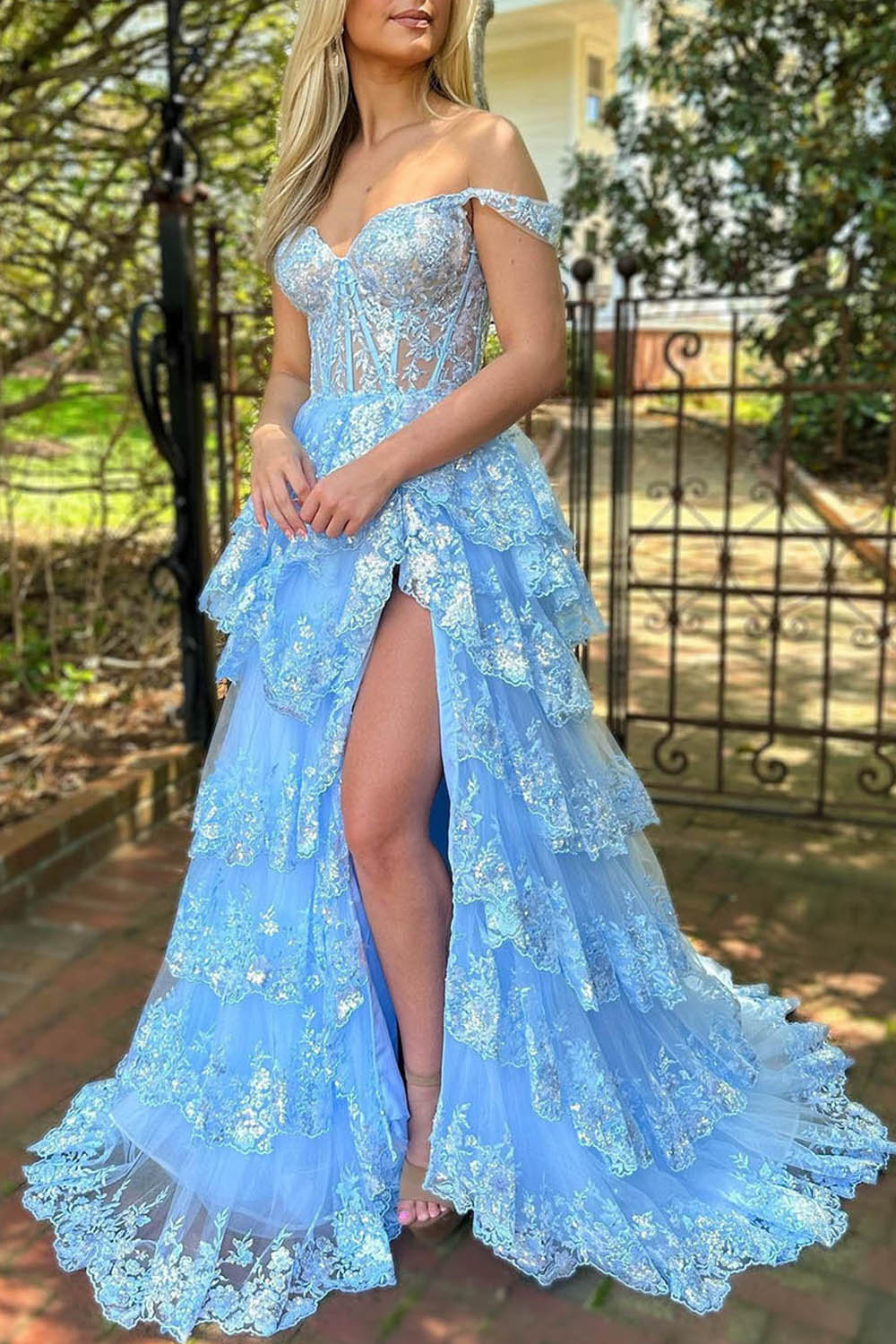 Gorgeous Lilac Off The Shoulder Ruffled Tiered Long Prom Dress With Split