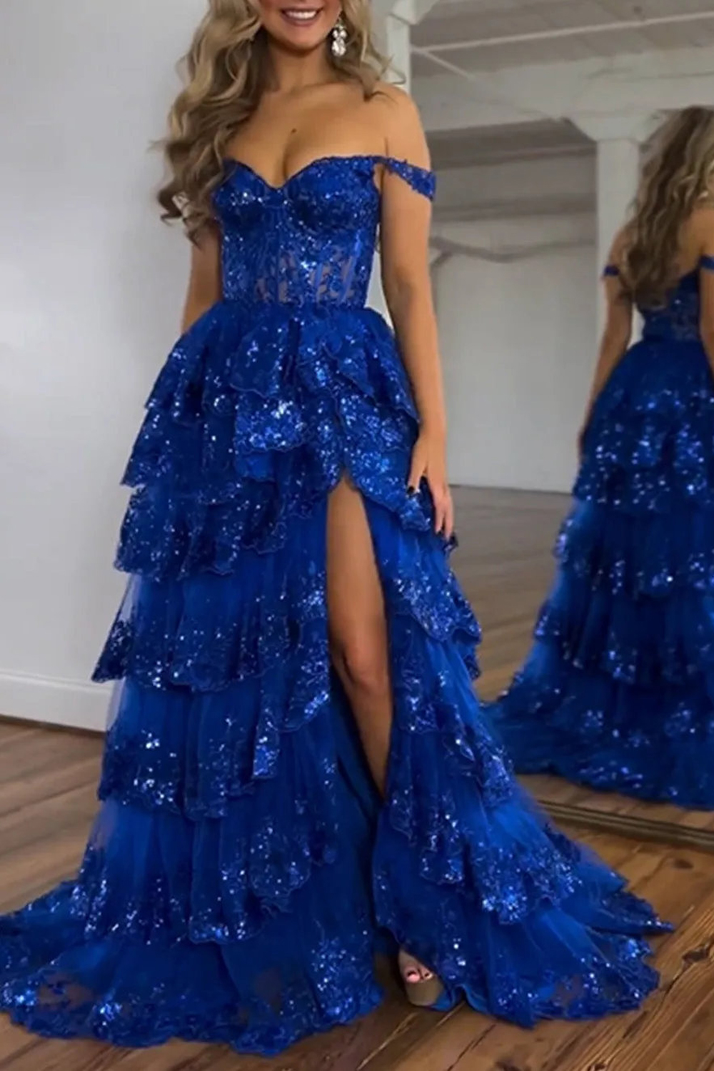 Gorgeous Lilac Off The Shoulder Ruffled Tiered Long Prom Dress With Split