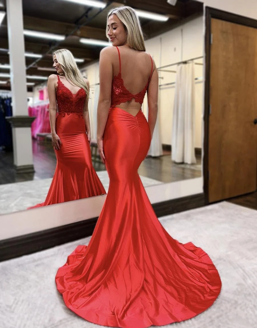 Red Mermaid Straps Neck Keyhole Back Long Prom Dress