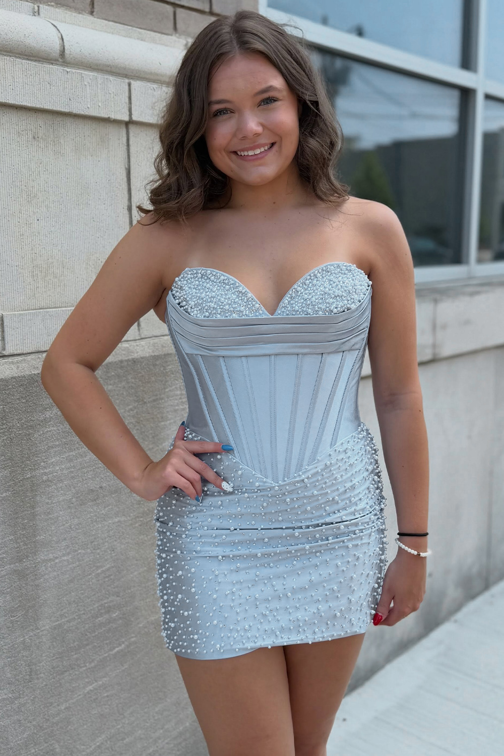 Sparkly Yellow Tight Short Strapless Corset Homecoming Dress with Pearls