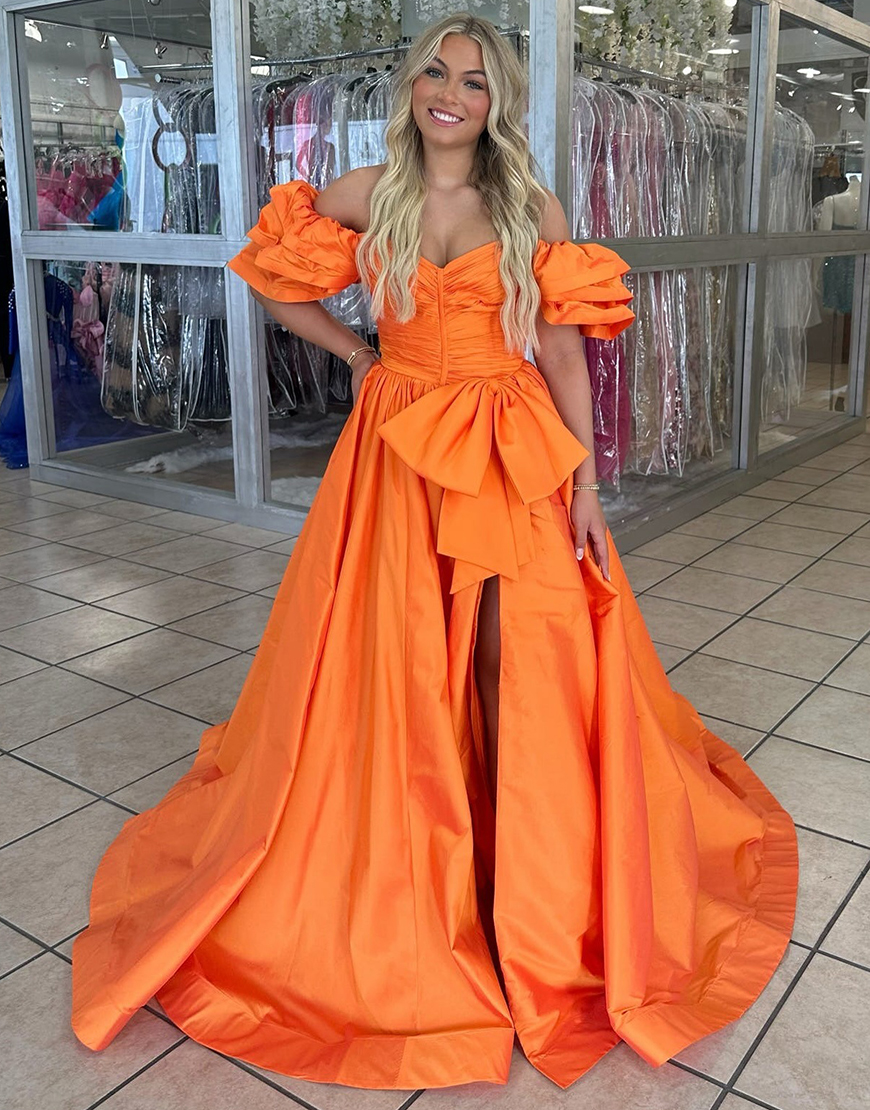 Berlinnova Women Orange Long Prom Dress with Bow A-Line Off the Shoulder Ruffle Sleeves Satin Formal Dress with Slit