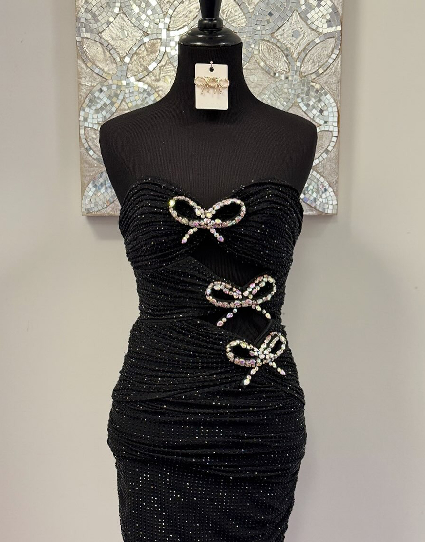 Glitter Black Sweetheart Cut Out Tight Short Homecoming Dress with Bows