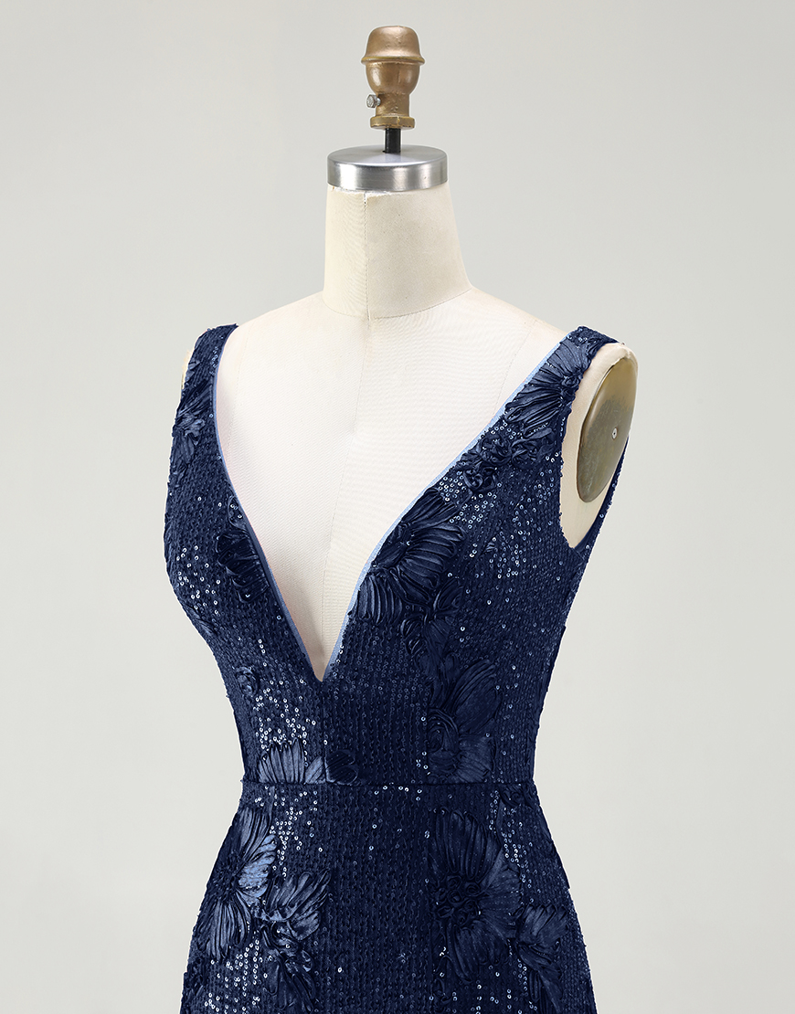 Sparkly Navy Mermaid Long Sequin Prom Dress with Slit