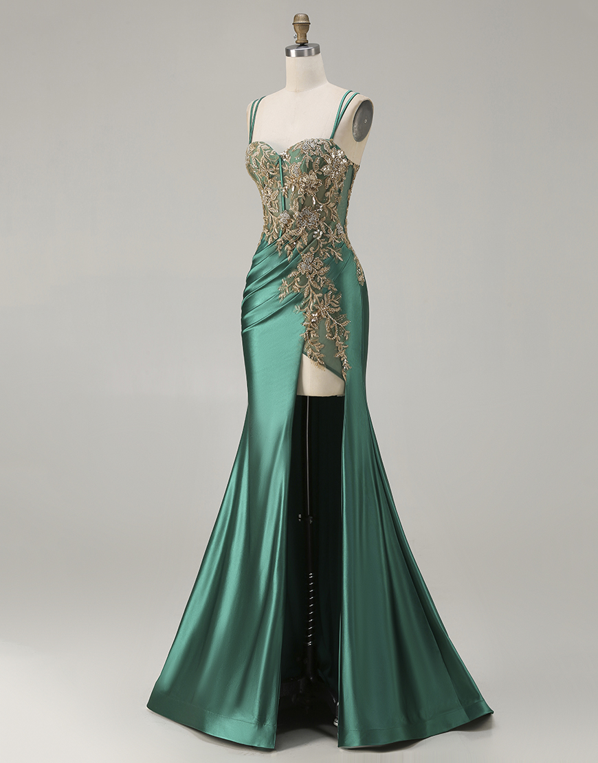 Sparkly Black Beaded Floral Corset Satin Appliqued Long Prom Dress with Slit