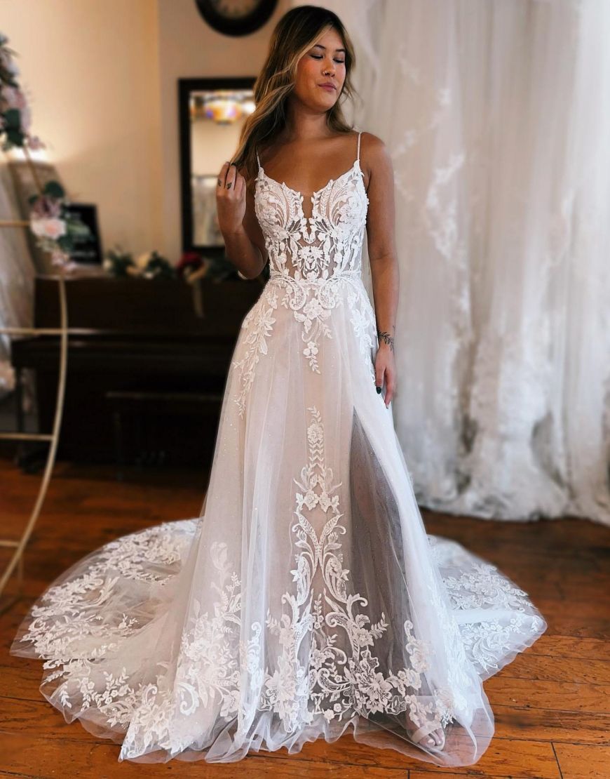 A-Line Chapel Train Wedding Dress With Appliques And Split