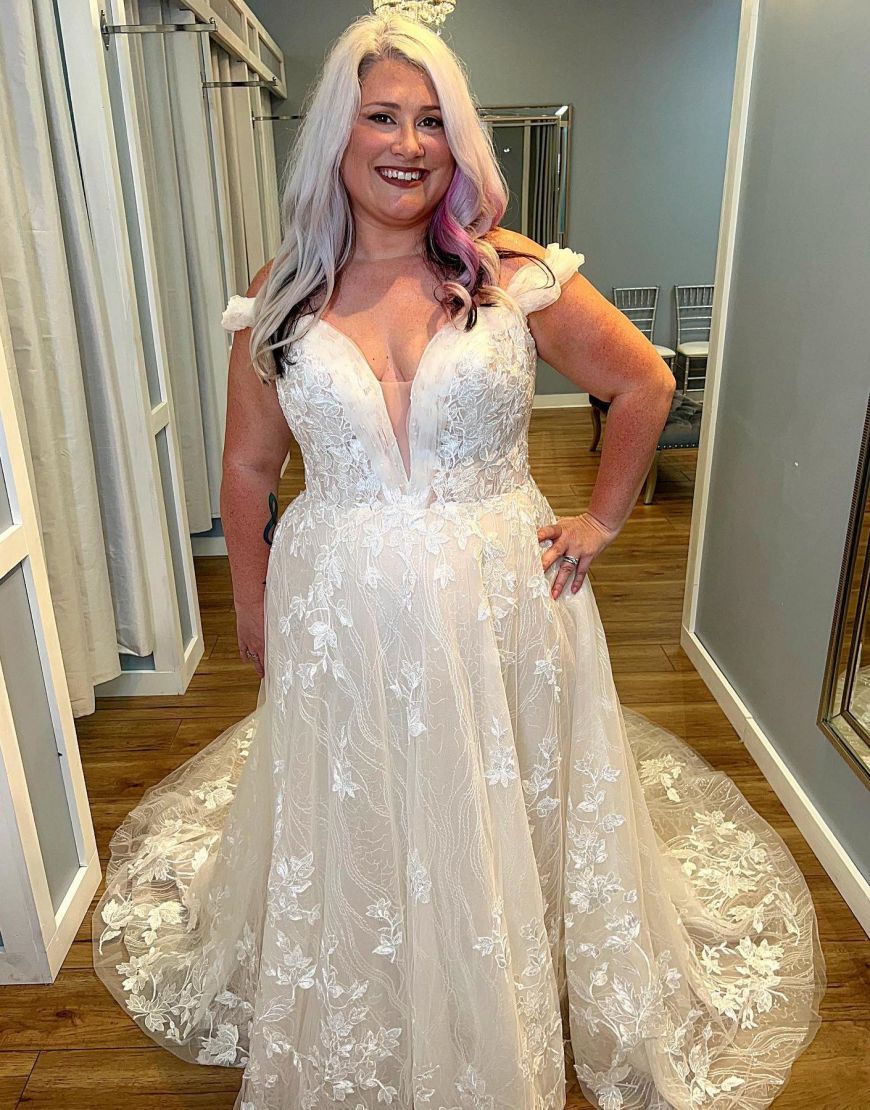 A-Line Off The Shoulder Corset Back Plus Size Lace Wedding Dress