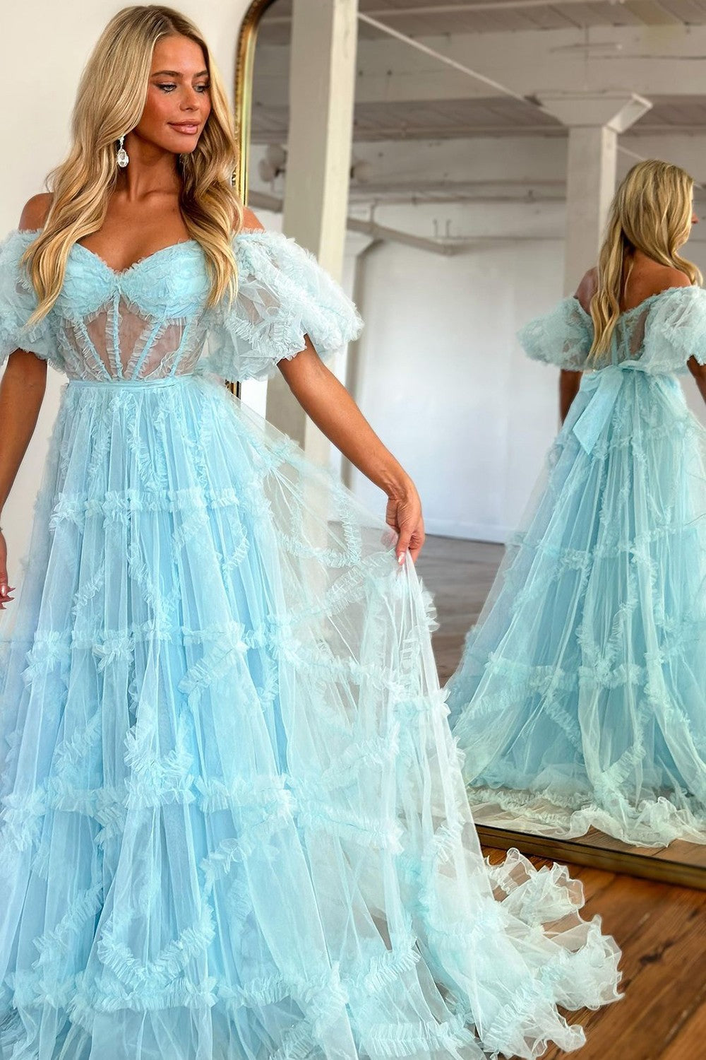 A-Line Off The Shoulder Long Tulle Prom Party Dress With Belt