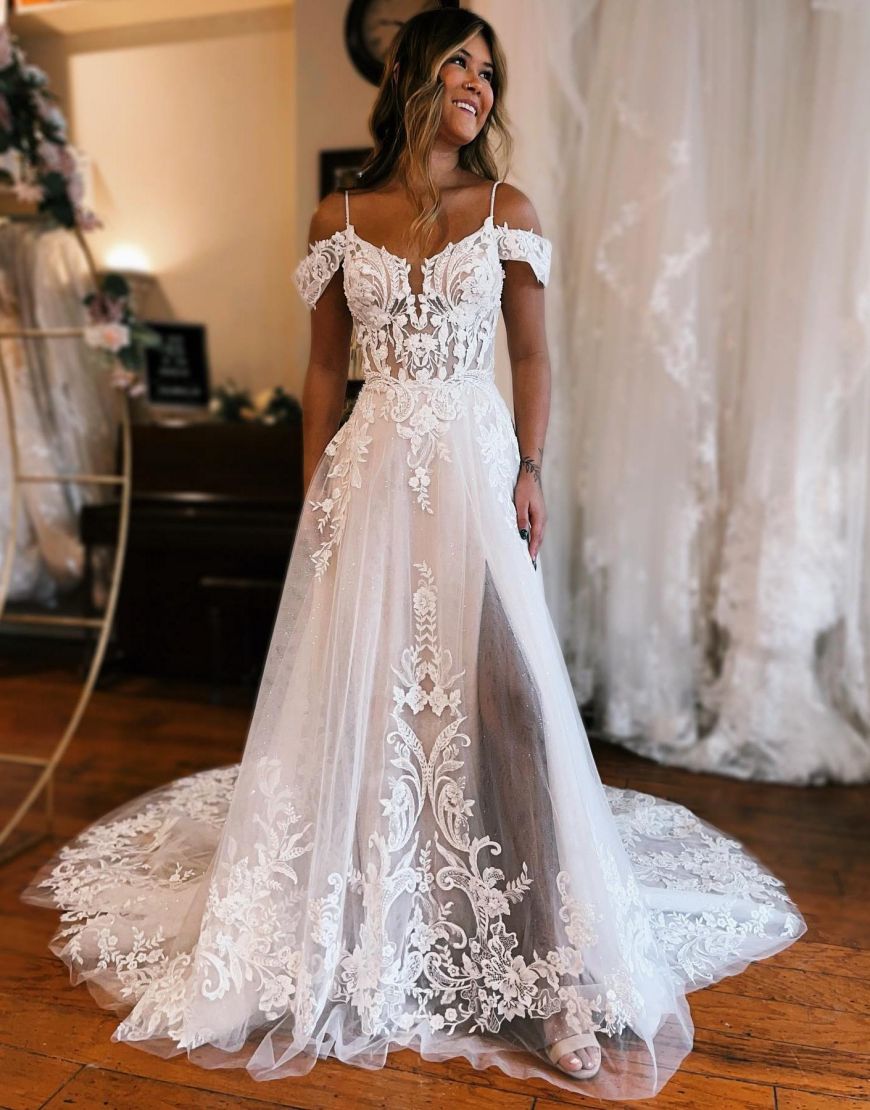 A-Line Off The Shoulder Wedding Dress With Appliques And Split