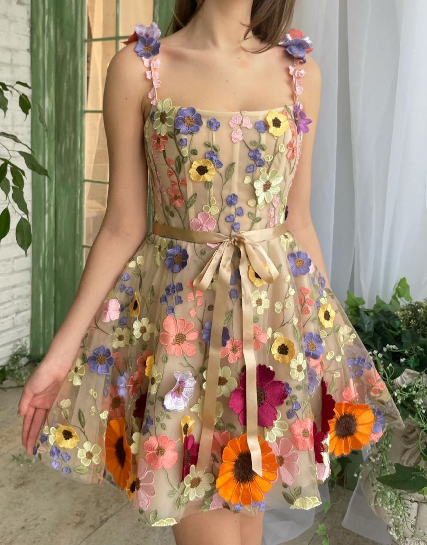 A-Line Short Champagne Homecoming Dress With 3D Flowers
