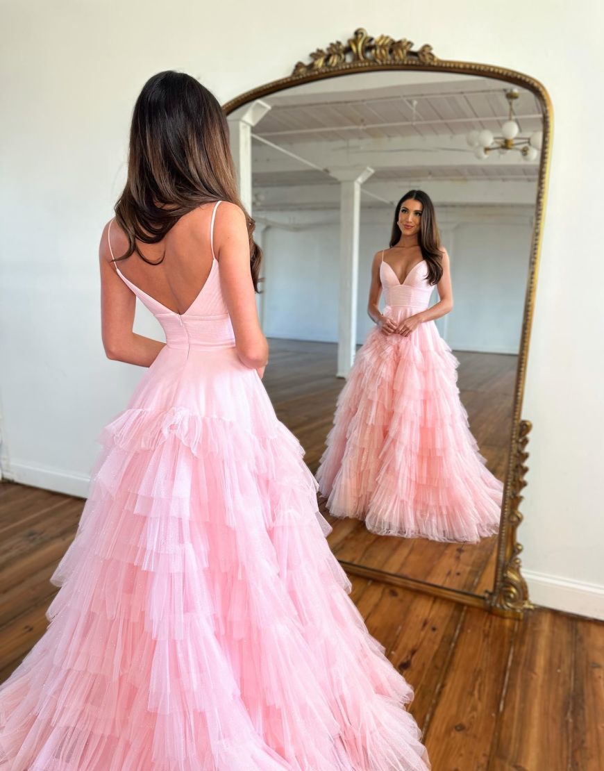 A-Line V-Neck Spaghetti Straps Long Tiered Tulle Prom Dress