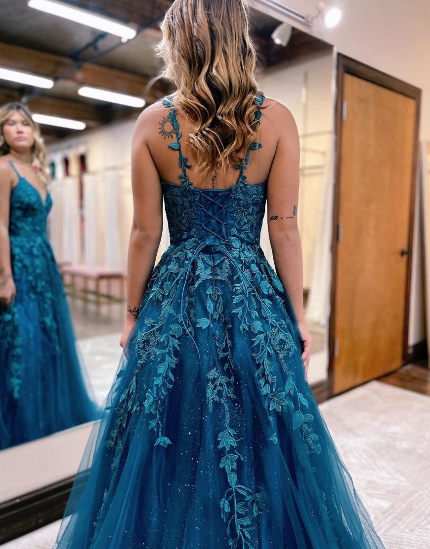 A-line Spaghetti Straps Corset Back Prom Dress With Appliques