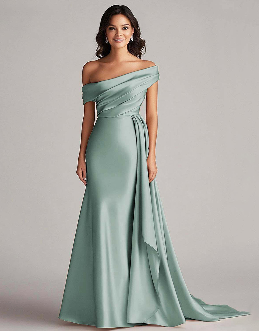 Elegant Champagne One Shoulder Bodycon Satin Long Prom Dress With Ruffles