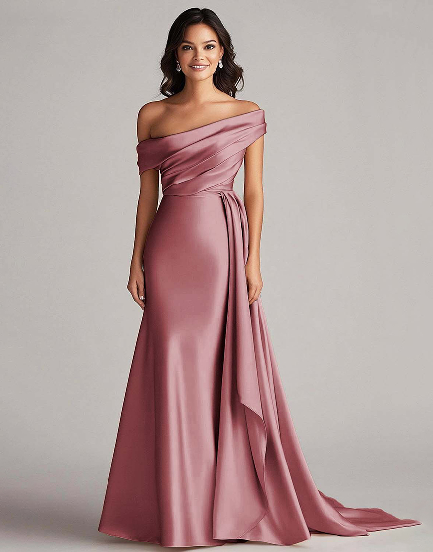 Elegant Champagne One Shoulder Bodycon Satin Long Prom Dress With Ruffles