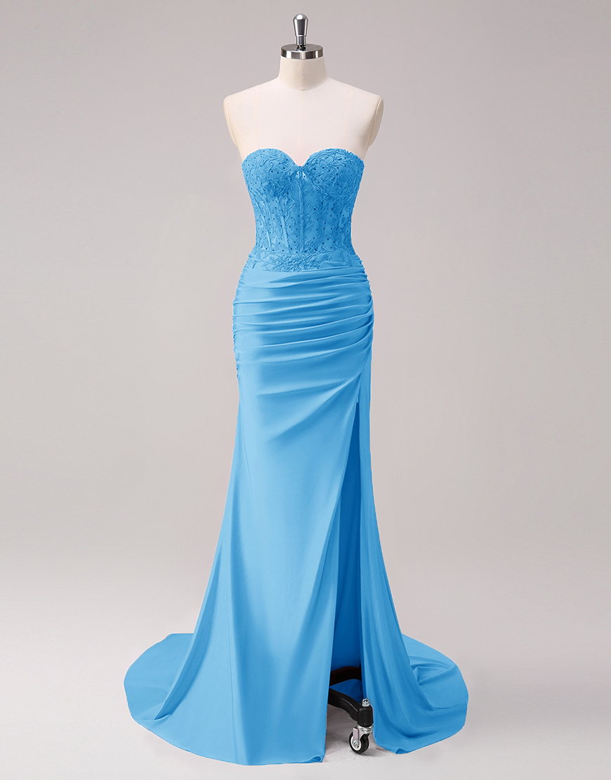 Sparkly Fuchsia Mermaid Strapless Beaded Corset Appliques Long Prom Dress with Slit