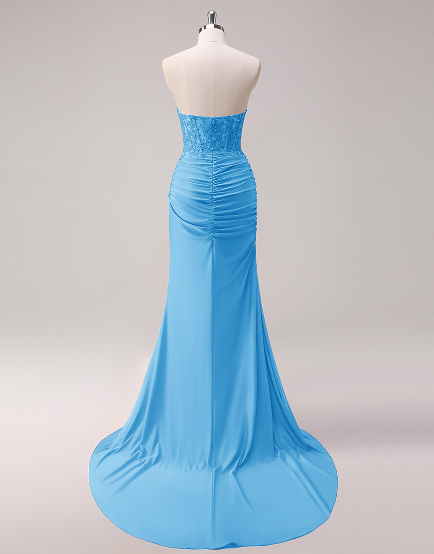 Sparkly Fuchsia Mermaid Strapless Beaded Corset Appliques Long Prom Dress with Slit