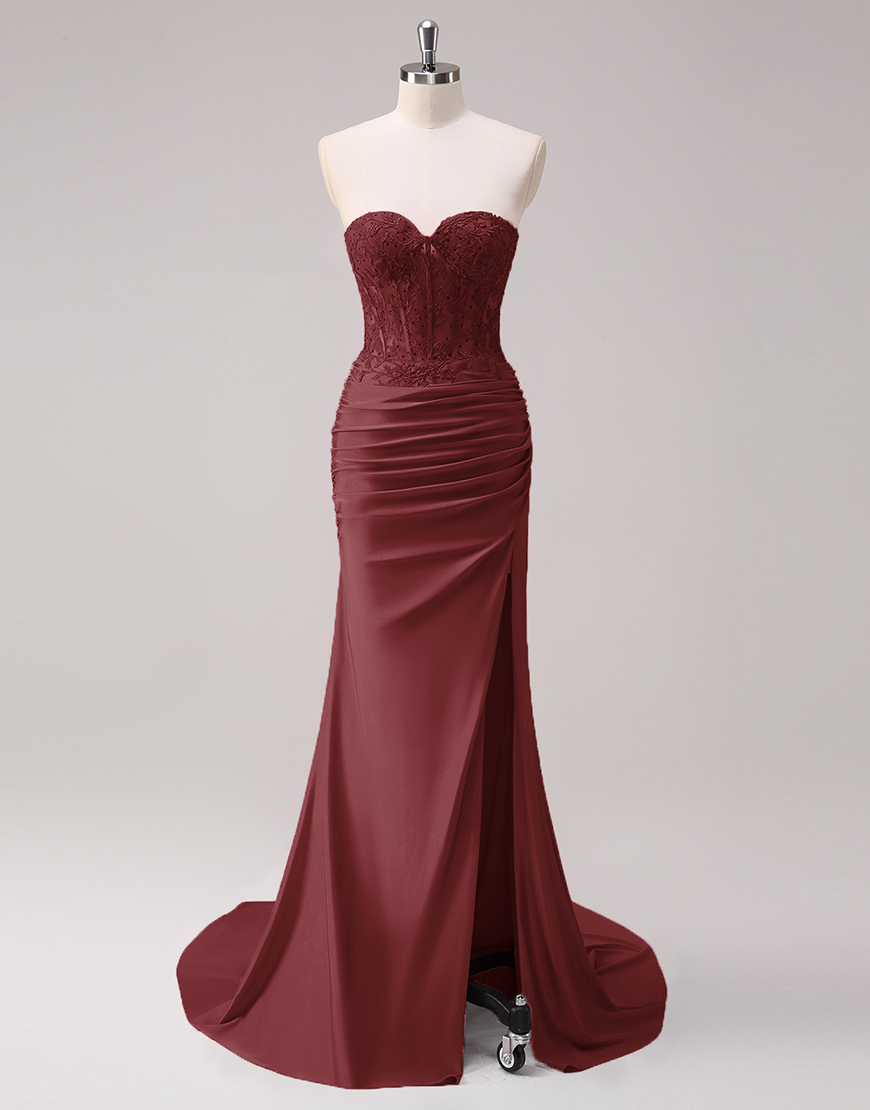 Sparkly Fuchsia Mermaid Strapless Beaded Corset Appliques Long Prom Dress with Slit