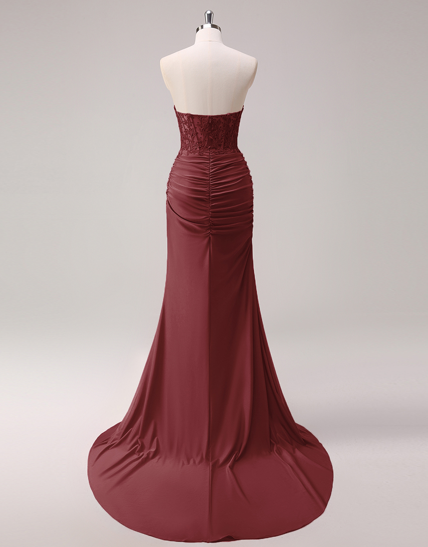 Sparkly Fuchsia Mermaid Strapless Beaded Corset Appliques Long Prom Dress with Slit