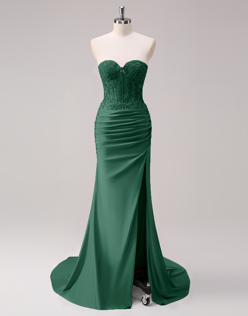 Sparkly Fuchsia Mermaid Strapless Beaded Corset Appliques Long Prom Dress with Slit