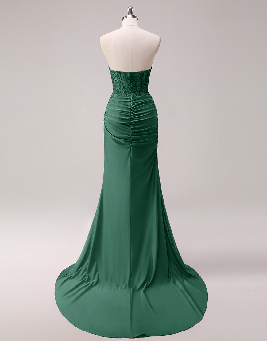 Sparkly Fuchsia Mermaid Strapless Beaded Corset Appliques Long Prom Dress with Slit