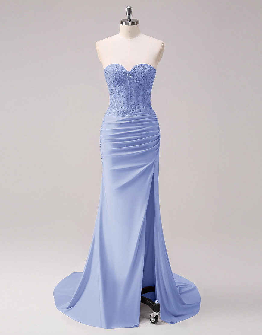 Sparkly Fuchsia Mermaid Strapless Beaded Corset Appliques Long Prom Dress with Slit