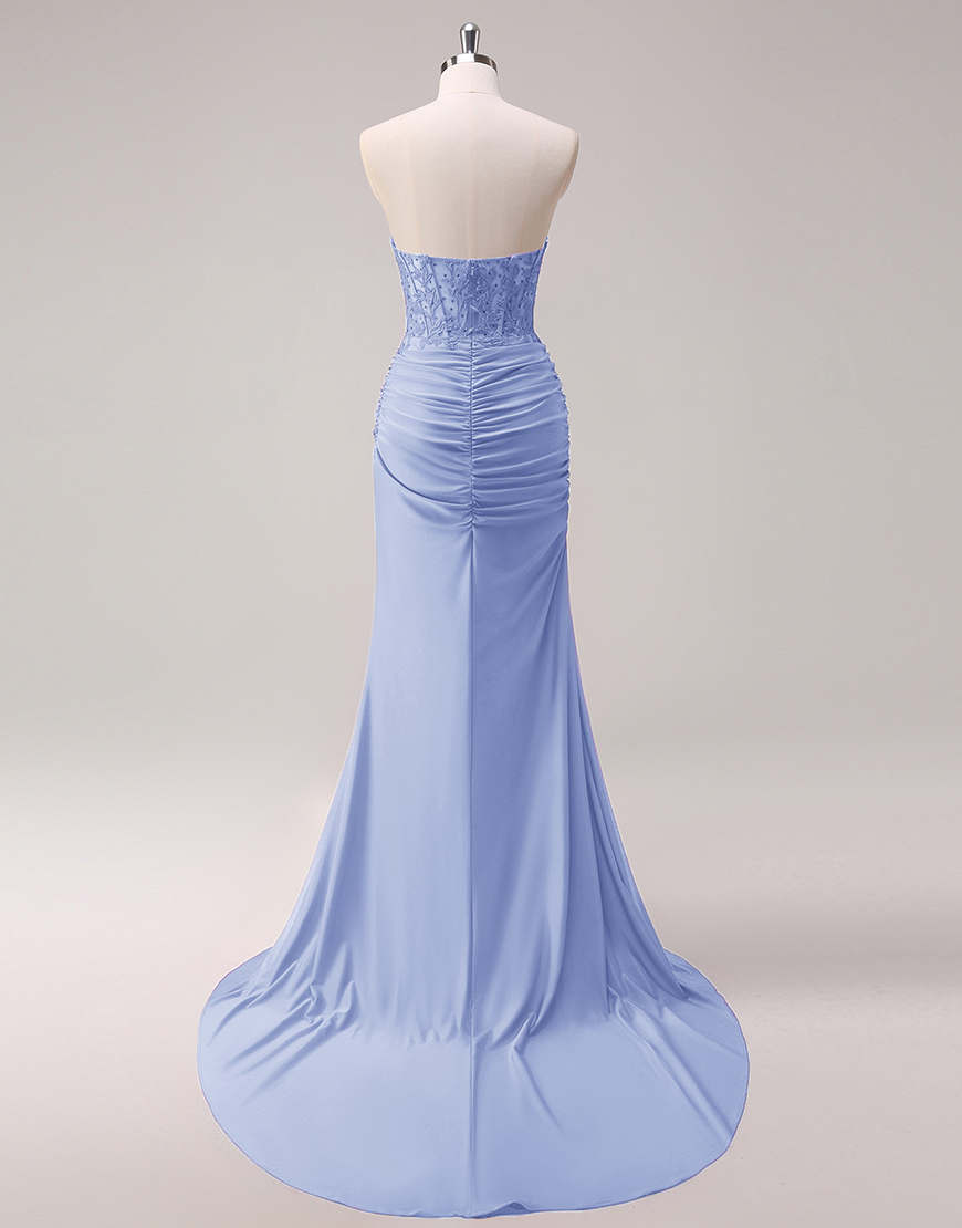 Sparkly Fuchsia Mermaid Strapless Beaded Corset Appliques Long Prom Dress with Slit