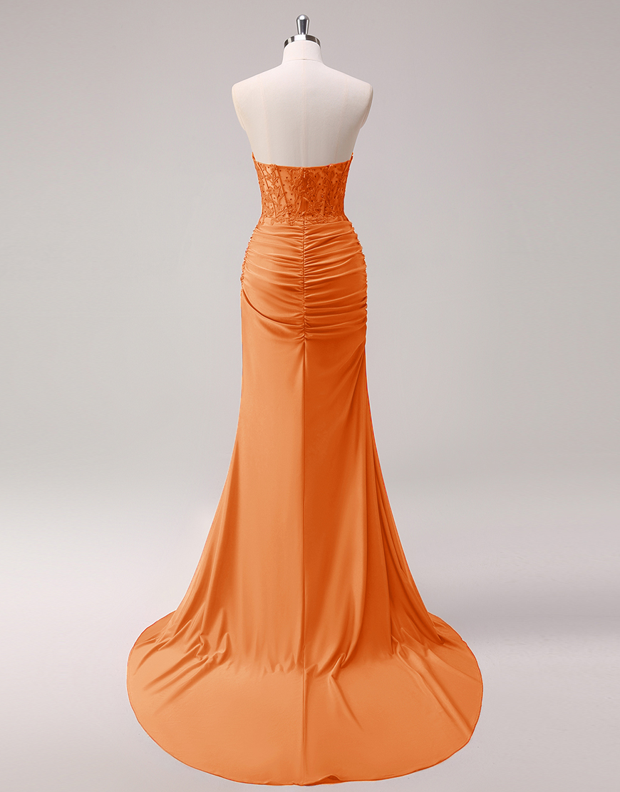 Sparkly Fuchsia Mermaid Strapless Beaded Corset Appliques Long Prom Dress with Slit