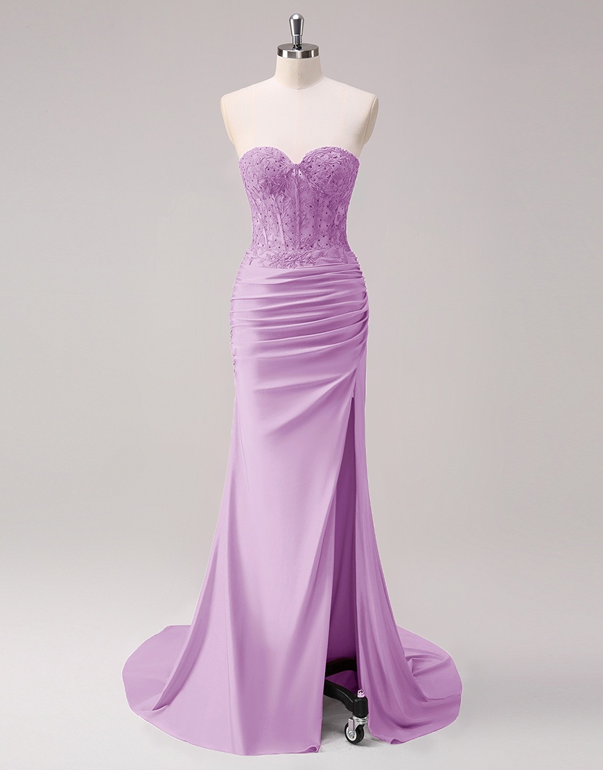 Sparkly Fuchsia Mermaid Strapless Beaded Corset Appliques Long Prom Dress with Slit