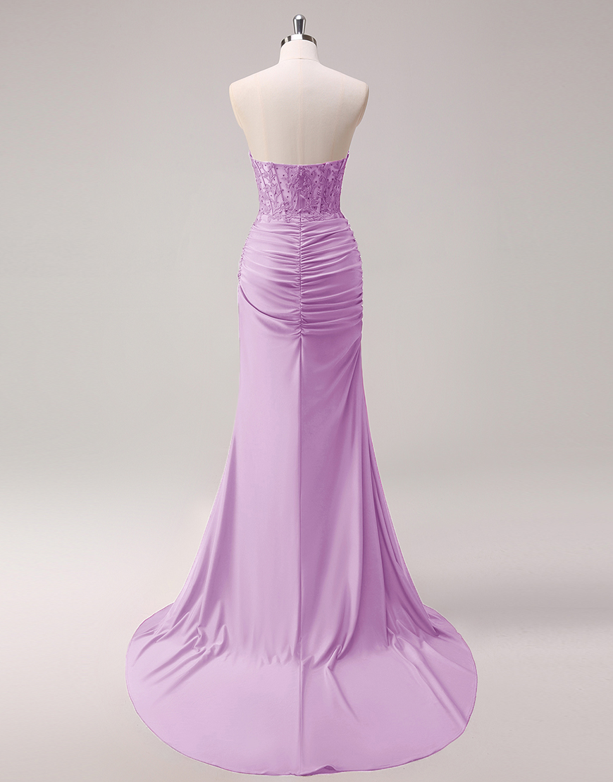 Sparkly Fuchsia Mermaid Strapless Beaded Corset Appliques Long Prom Dress with Slit