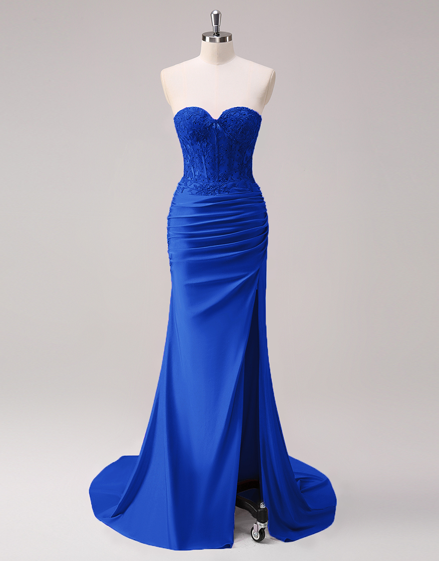 Sparkly Fuchsia Mermaid Strapless Beaded Corset Appliques Long Prom Dress with Slit