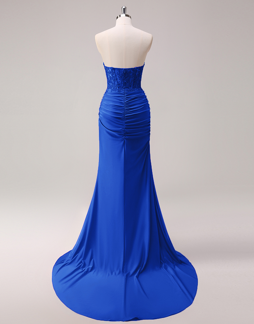 Sparkly Fuchsia Mermaid Strapless Beaded Corset Appliques Long Prom Dress with Slit