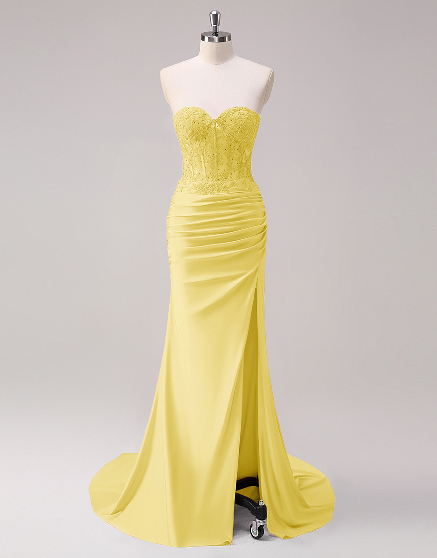 Sparkly Fuchsia Mermaid Strapless Beaded Corset Appliques Long Prom Dress with Slit