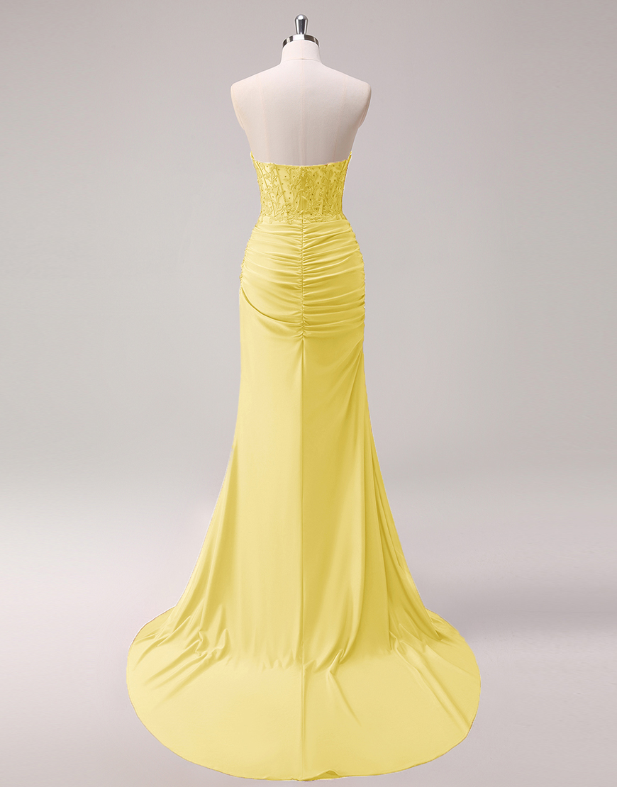 Sparkly Fuchsia Mermaid Strapless Beaded Corset Appliques Long Prom Dress with Slit