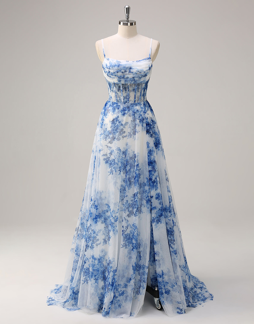 White Blue Flower A-Line Spaghetti Straps Corset Ruched Long Prom Dress with Slit