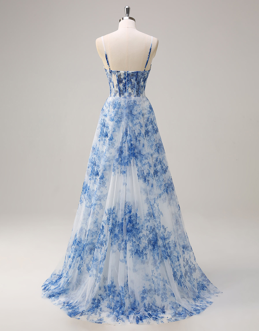 White Blue Flower A-Line Spaghetti Straps Corset Ruched Long Prom Dress with Slit