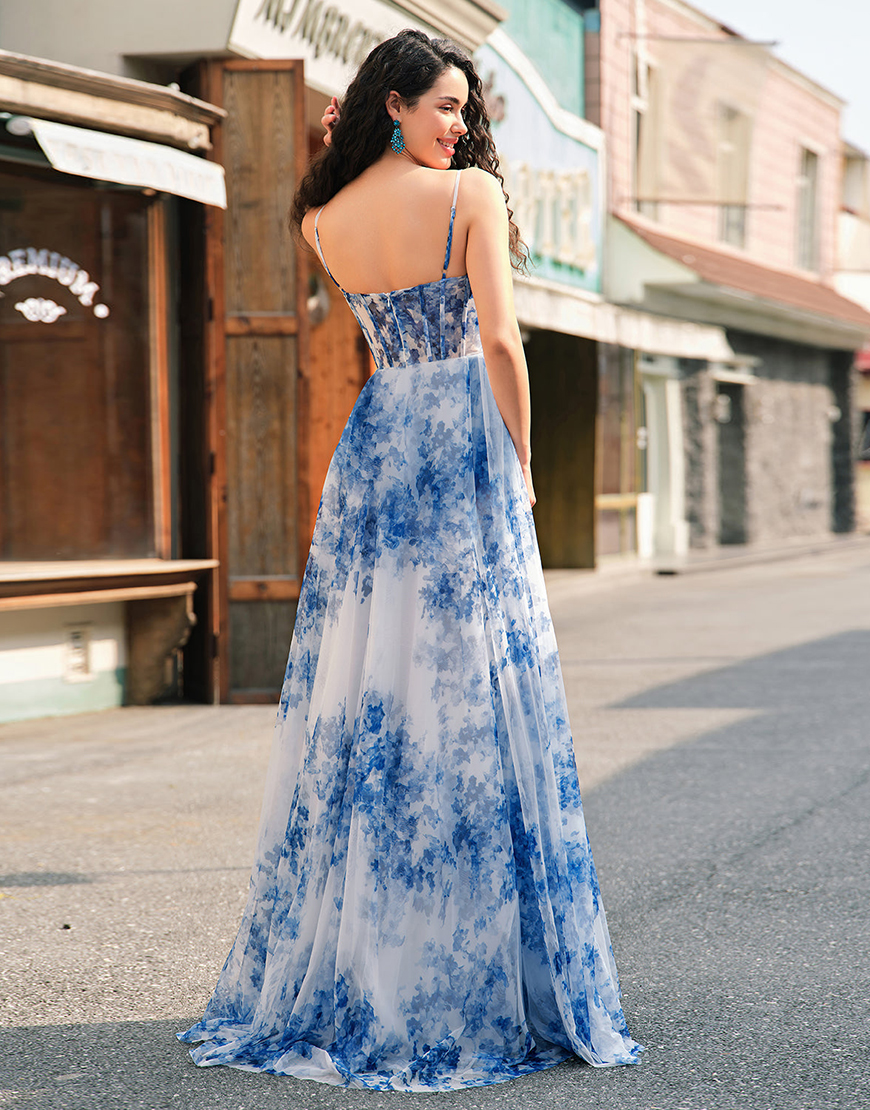 White Blue Flower A-Line Spaghetti Straps Corset Ruched Long Prom Dress with Slit