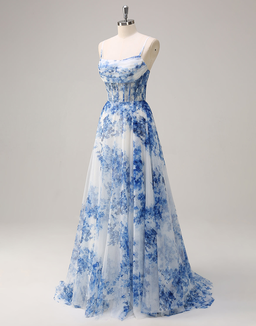 White Blue Flower A-Line Spaghetti Straps Corset Ruched Long Prom Dress with Slit