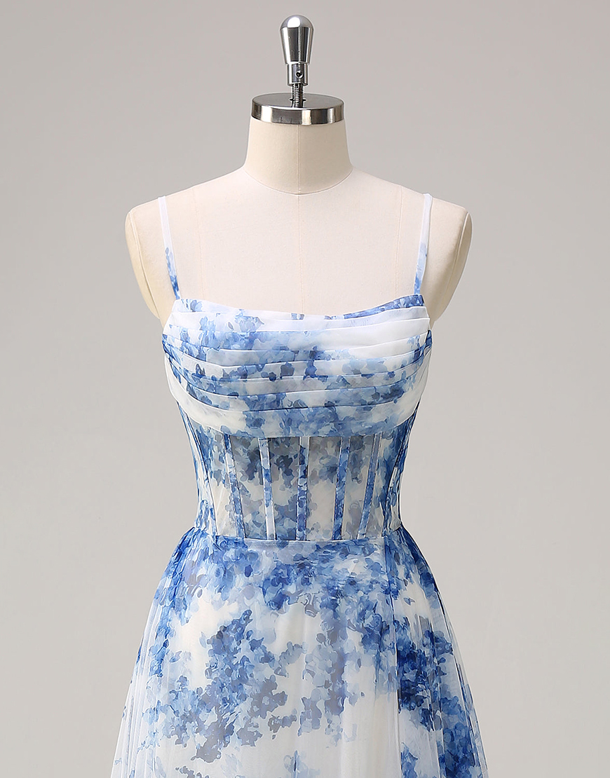 White Blue Flower A-Line Spaghetti Straps Corset Ruched Long Prom Dress with Slit